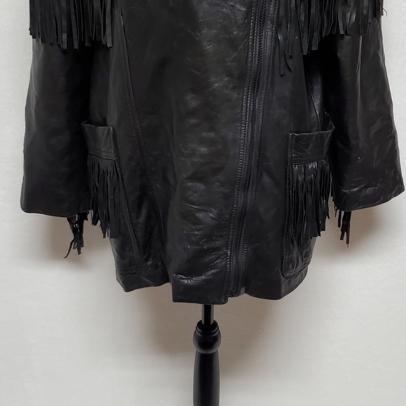Marvin Richards Vintage Black Butter Soft Leather Fringe Side-Zip Moto Jacket - Picture 7 of 16
